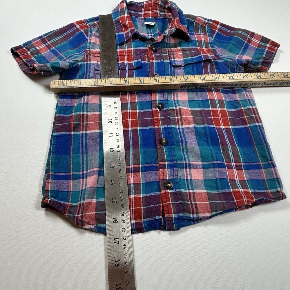 Old Navy Retro Shirt Short Sleeve Linen Cotton Plaid Red Blue Pockets Boys 4T - Picture 6 of 10